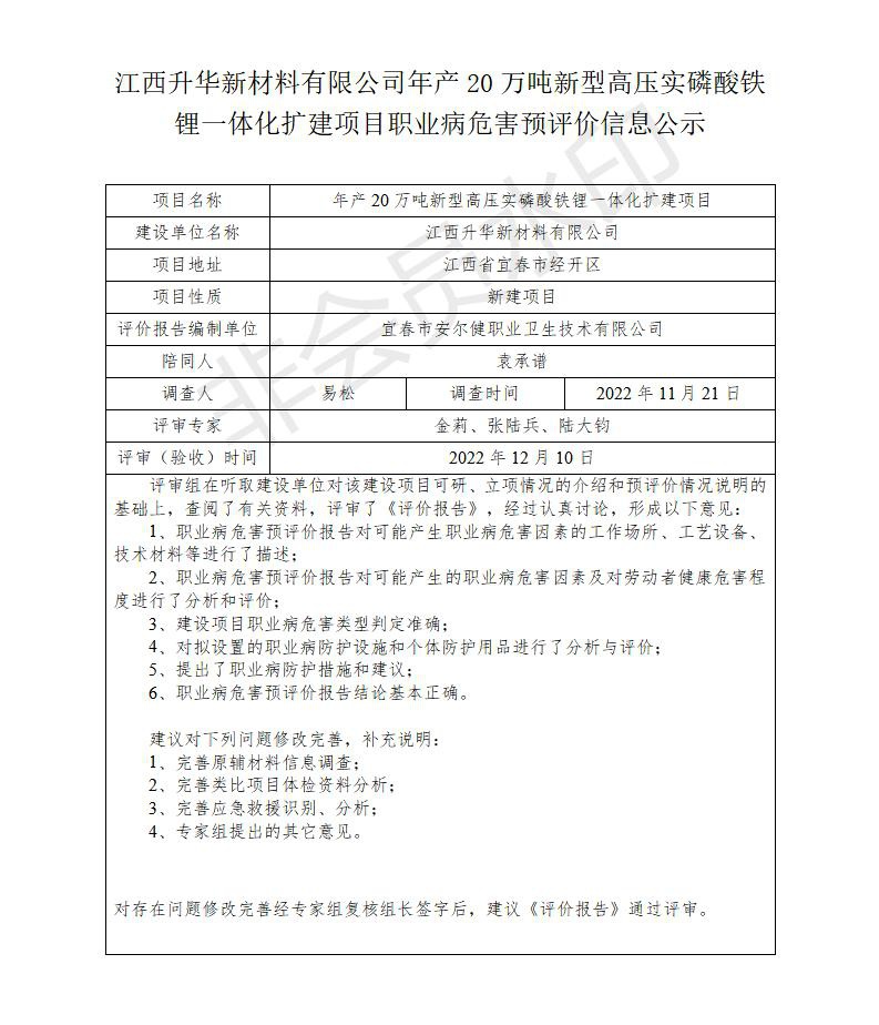 江西升華新材料有限公司年產(chǎn)20萬噸新型高壓實磷酸鐵鋰一體化擴建項目職業(yè)病危害預(yù)評價信息公示_01.jpg