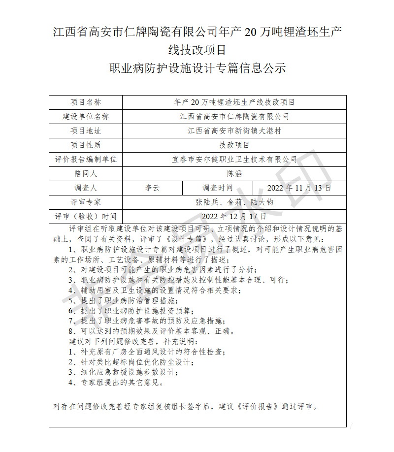 江西省高安市仁牌陶瓷有限公司年產(chǎn)20萬噸鋰渣坯生產(chǎn)線技改項目職業(yè)病防護設(shè)施設(shè)計專篇信息公示.jpg