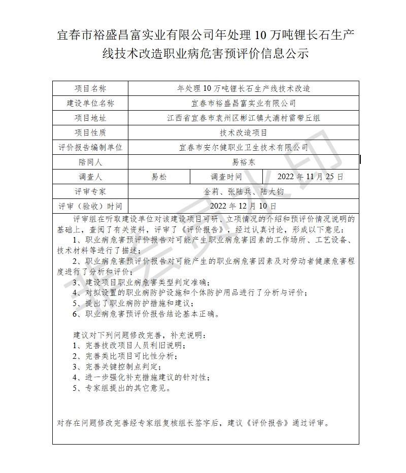 宜春市裕盛昌富實(shí)業(yè)有限公司年處理10萬(wàn)噸鋰長(zhǎng)石生產(chǎn)線技術(shù)改造職業(yè)病危害預(yù)評(píng)價(jià)信息公示.jpg