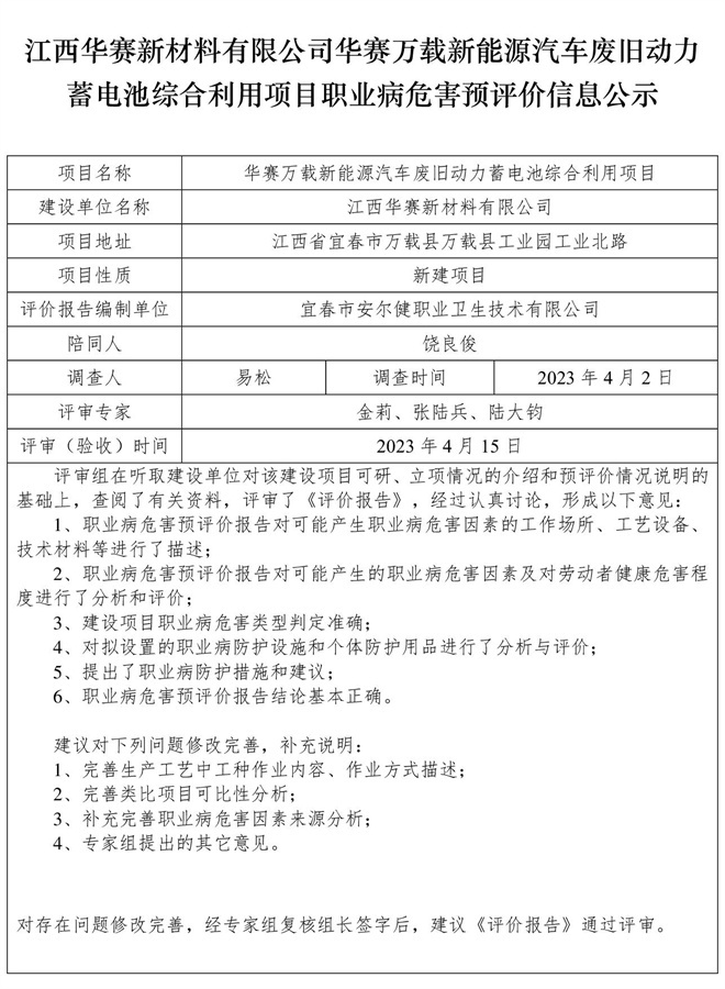 江西華賽新材料有限公司華賽萬載新能源汽車廢舊動力蓄電池綜合利用項目職業(yè)病危害預(yù)評價信息公示.jpg